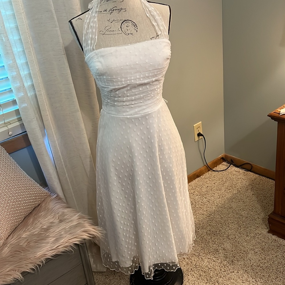 XOXO White sleeveless Dress subtle polka dot’s, halter